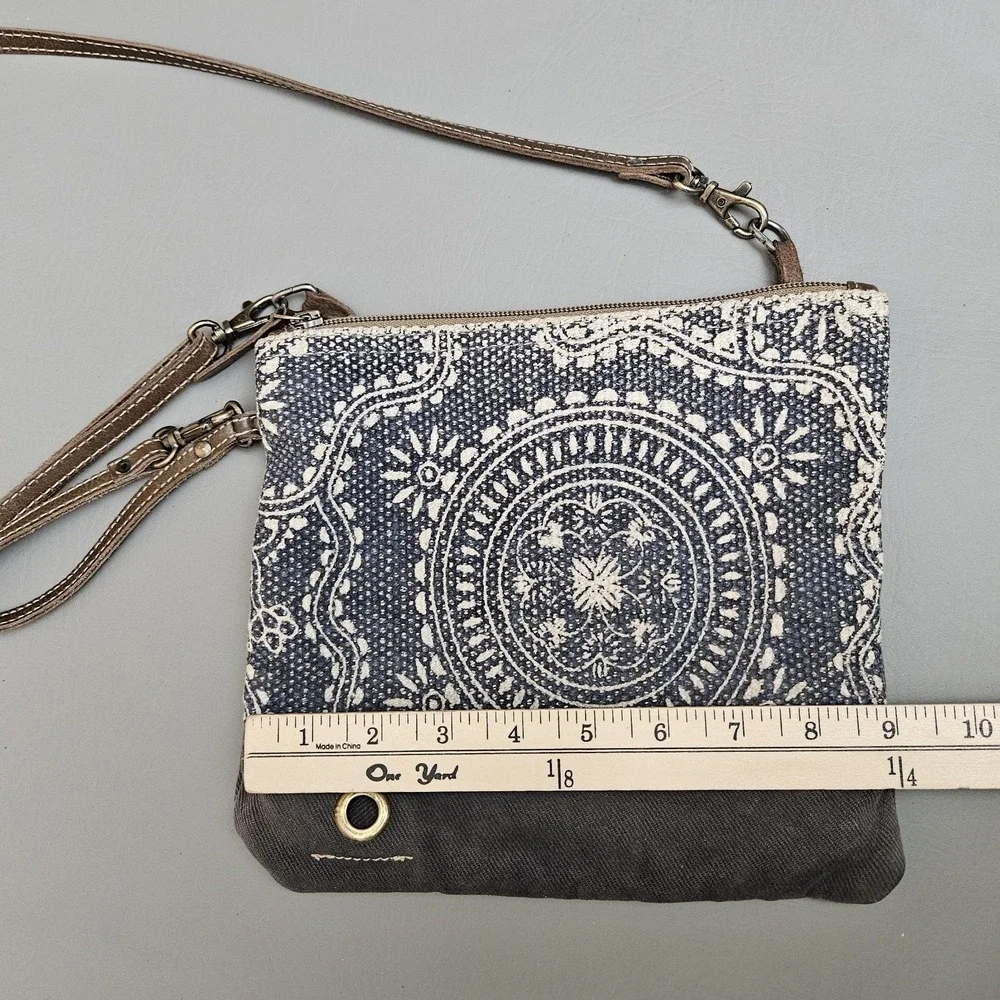Myra Bag Sapphire‎ Gray Canvas Leather Crossbody Wristlet Strap Boho